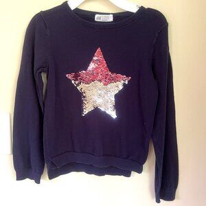 H & M Reversible Sequin Star ⭐️ Sweater, Navy Blue, Size 6-8 Y